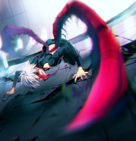 Anime picture 1238x1287 with tokyo ghoul studio pierrot kaneki ken mocchiri oyaji single tall image looking at viewer fringe short hair open mouth white hair nail polish fingernails glowing glowing eye (eyes) on all fours black sclera crazy boy monster