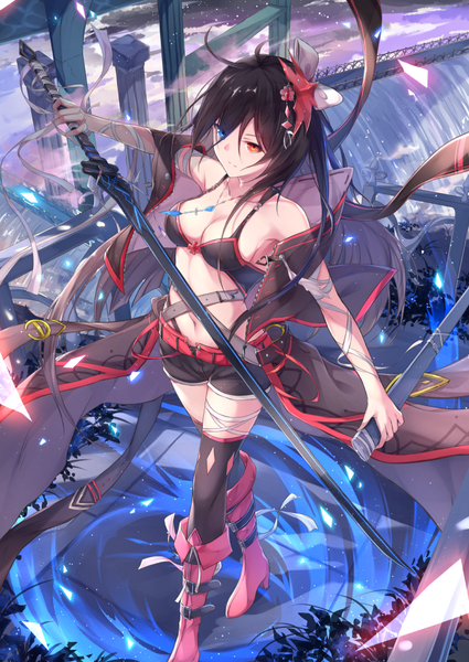 Anime picture 752x1062 with original fuuro (johnsonwade) single long hair tall image fringe breasts blue eyes light erotic black hair hair between eyes bare shoulders holding cleavage full body ahoge outdoors from above open jacket orange eyes