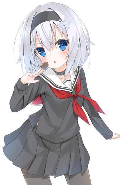 Anime picture 1378x2039 with ryuuou no oshigoto! sora ginko hashiko no woto single tall image looking at viewer blush fringe short hair open mouth blue eyes simple background hair between eyes white background silver hair :o girl uniform hair ornament pantyhose