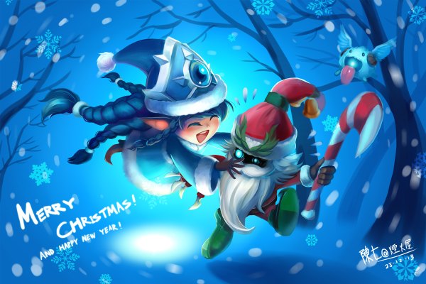 Anime picture 1200x800 with league of legends lulu (league of legends) poro (league of legends) veigar (league of legends) chen qi (chanseven) blush short hair blue eyes smile blue hair eyes closed very long hair pointy ears christmas merry christmas girl boy wings tongue santa claus costume