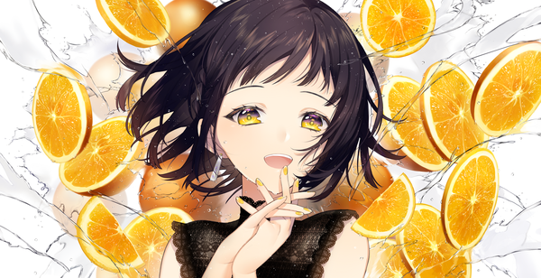 Anime picture 2756x1418 with original sogawa single looking at viewer blush fringe highres short hair open mouth black hair simple background smile wide image white background yellow eyes upper body braid (braids) nail polish :d teeth