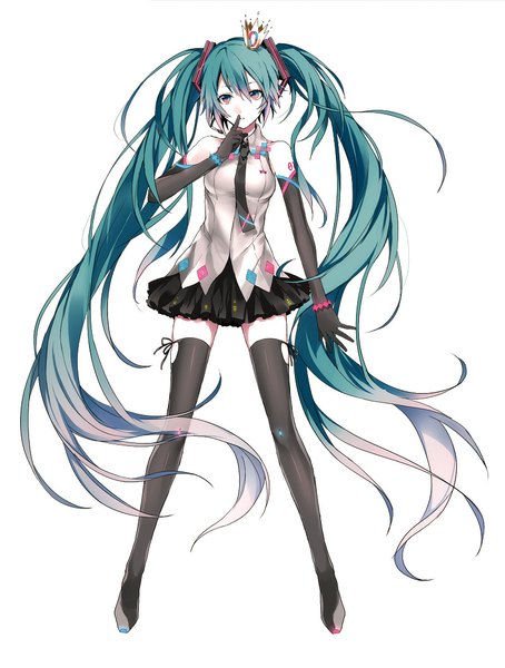 Anime picture 800x1057 with vocaloid hatsune miku arisaka ako single tall image looking at viewer simple background white background twintails bare shoulders full body very long hair pink eyes aqua hair finger to mouth girl thighhighs gloves black thighhighs black gloves