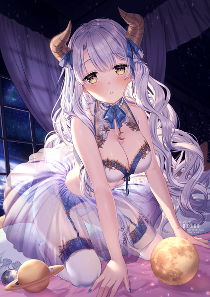 Anime picture 1000x1415 with original rosuuri single long hair tall image looking at viewer blush fringe breasts light erotic large breasts bare shoulders yellow eyes silver hair full body indoors braid (braids) nail polish parted lips horn (horns)