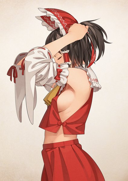 Anime picture 848x1200 with touhou hakurei reimu go robots single tall image short hair breasts light erotic black hair simple background large breasts ponytail eyes closed grey background no bra bare belly adjusting hair tying hair girl skirt