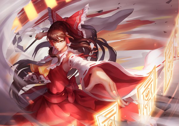 Anime picture 2121x1500 with touhou hakurei reimu ttk (kirinottk) single long hair looking at viewer highres brown hair brown eyes traditional clothes japanese clothes miko girl dress skirt bow hair bow detached sleeves skirt set gohei