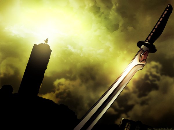 Anime picture 1600x1200 with blood+ production i.g sky cloud (clouds) silhouette weapon sword sun
