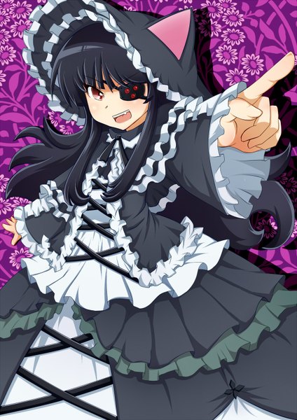 Anime picture 1060x1500 with senran kagura mirai (senran kagura) makumaxu long hair tall image open mouth black hair red eyes loli lolita fashion pointing girl dress eyepatch bonnet