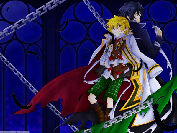 Anime picture 1600x1200 with pandora hearts xebec oz vessalius gilbert nightray looking at viewer fringe short hair black hair blonde hair smile red eyes green eyes full body looking back wind multiple boys torn clothes dark background back to back smirk