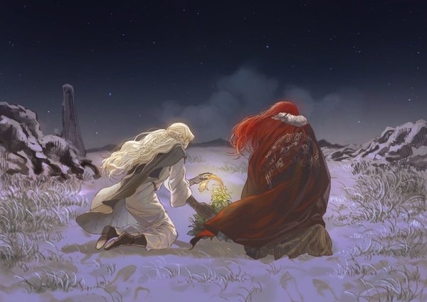 Anime picture 1528x1080 with elden ring malenia blade of miquella miquella (elden ring) grnfluorescent long hair blonde hair full body outdoors red hair braid (braids) wind night night sky kneeling snow siblings twins girl boy plant (plants)