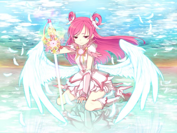 Anime picture 1440x1080 with precure yes! precure 5 toei animation yumehara nozomi cure dream minazuki randoseru single long hair pink hair pink eyes girl dress flower (flowers) weapon sword wings feather (feathers)