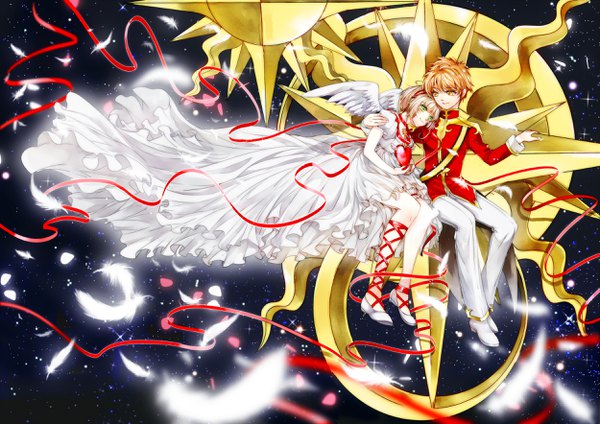 Anime picture 2500x1768 with card captor sakura clamp kinomoto sakura li xiaolang tsuna2727 highres short hair smile brown hair sitting brown eyes green eyes full body sparkle couple angel wings hand on another's shoulder head on another's shoulder girl dress