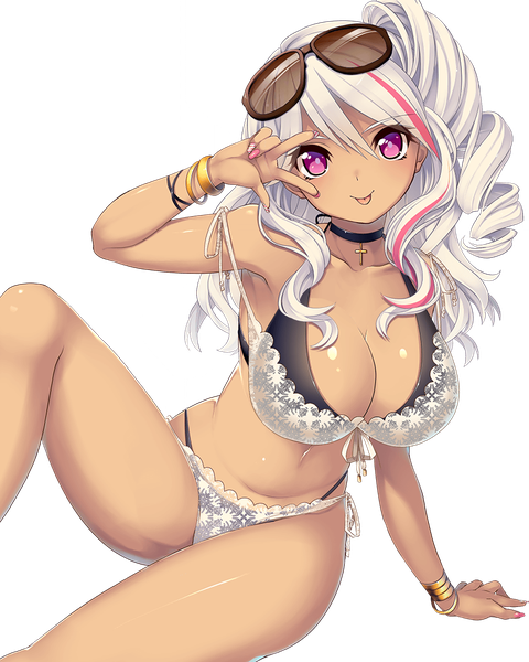 Anime picture 864x1080 with daibouken! yukeyuke osawari island tagme (character) tagme (artist) single long hair tall image looking at viewer blush fringe breasts light erotic smile hair between eyes large breasts sitting pink hair silver hair bent knee (knees) nail polish pink eyes