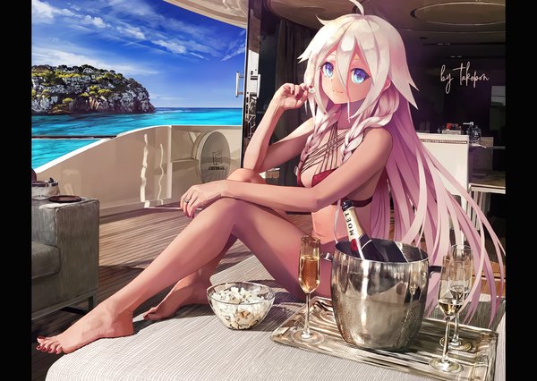 Anime picture 1406x1000 with vocaloid ia (vocaloid) takepon (artist) single long hair looking at viewer fringe blue eyes light erotic hair between eyes sitting bare shoulders holding signed pink hair sky cloud (clouds) ahoge outdoors braid (braids)