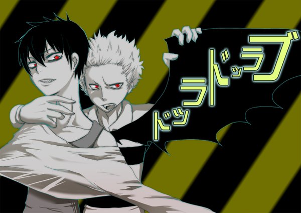 Anime picture 1528x1080 with blood lad brains base (studio) charlie blood staz wolf (blood lad) yoshiko (artist) short hair open mouth black hair red eyes white hair teeth striped sharp teeth striped background single wing boy wings