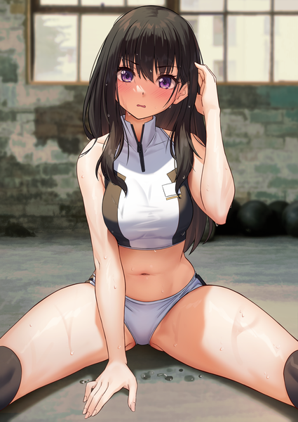 Anime picture 2508x3541 with lycoris recoil inoue takina solar (happymonk) single long hair tall image looking at viewer blush fringe highres breasts open mouth light erotic black hair hair between eyes sitting purple eyes head tilt arm up blurry