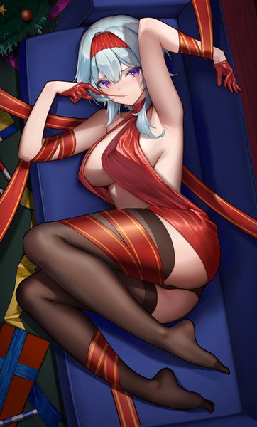 Anime picture 1852x3068 with genshin impact eula lawrence terebi (shimizu1996) single long hair tall image looking at viewer fringe highres breasts light erotic hair between eyes large breasts purple eyes bare shoulders blue hair full body bent knee (knees) ass indoors