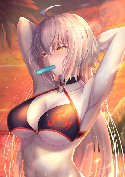 Anime picture 2480x3508 with fate (series) fate/grand order jeanne d'arc (fate) (all) jeanne d'arc alter (fate) jeanne d'arc alter (swimsuit berserker) (fate) penguintake single long hair tall image blush fringe highres breasts light erotic hair between eyes large breasts holding yellow eyes looking away silver hair