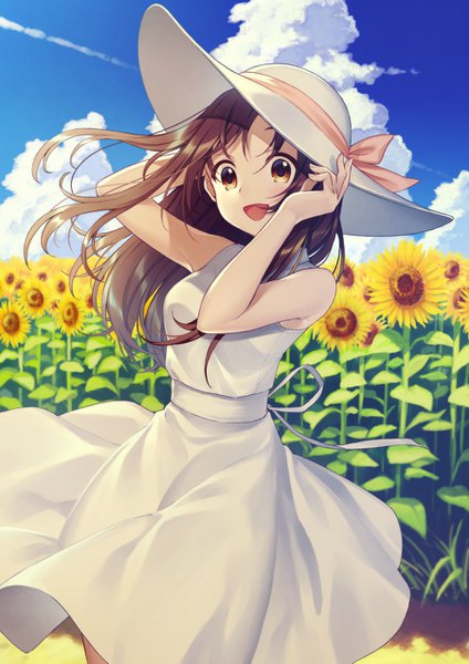 Anime picture 900x1273 with original warabimochi kinako single long hair tall image open mouth brown hair brown eyes looking away sky cloud (clouds) wind sunlight happy summer adjusting hat girl dress flower (flowers) hat