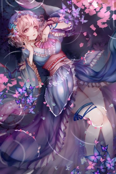 Anime picture 1200x1800 with touhou saigyouji yuyuko himeki single tall image blush fringe short hair pink hair lying pink eyes from above legs partially submerged cherry blossoms afloat girl thighhighs ribbon (ribbons) plant (plants)