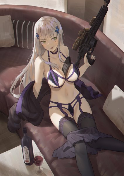 Anime picture 2894x4093 with girls frontline hk416 (girls frontline) cirilla single long hair tall image looking at viewer blush fringe highres breasts light erotic smile large breasts sitting bare shoulders holding green eyes payot cleavage