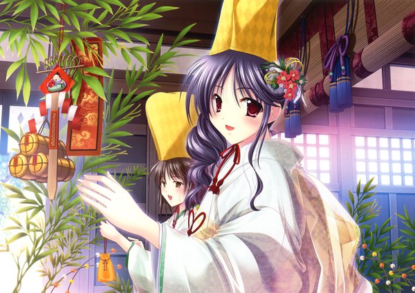 Anime picture 4599x3251 with original eshi 100-nin ten yamamoto kazue long hair looking at viewer blush highres open mouth black hair red eyes multiple girls absurdres traditional clothes girl hair ornament 2 girls plant (plants) hat