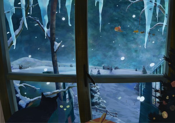 Аниме картинка 1637x1158 с оригинальное изображение kuchibiru (lipblue) один (одна) смотрит на зрителя небо на улице в помещении ночь снегопад отражение рождество зима снег полёт голое дерево мужчина лента (ленты) растение (растения) шляпа животное