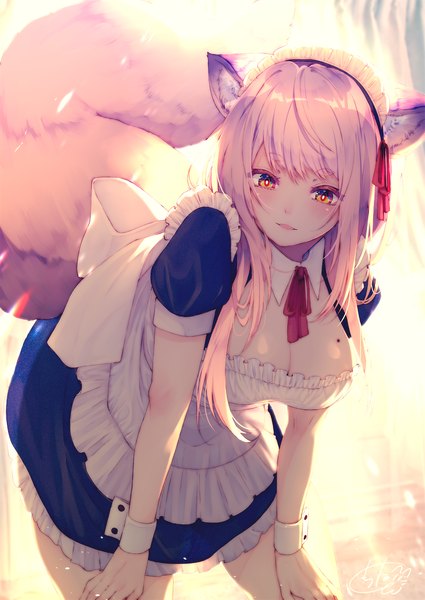 Anime picture 1417x2000 with original chita (ketchup) single long hair tall image fringe breasts standing signed animal ears pink hair tail animal tail mole maid leaning leaning forward puffy sleeves eyebrows slit pupils