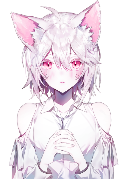 Anime picture 1300x1900 with original muaooooo single tall image looking at viewer blush short hair simple background white background bare shoulders animal ears silver hair upper body ahoge pink eyes cat ears hands clasped interlocked fingers girl teardrop
