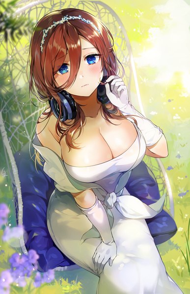 Anime picture 900x1394 with go-toubun no hanayome nakano miku gijang single long hair tall image looking at viewer blush fringe breasts blue eyes light erotic hair between eyes brown hair large breasts sitting bare shoulders cleavage outdoors from above
