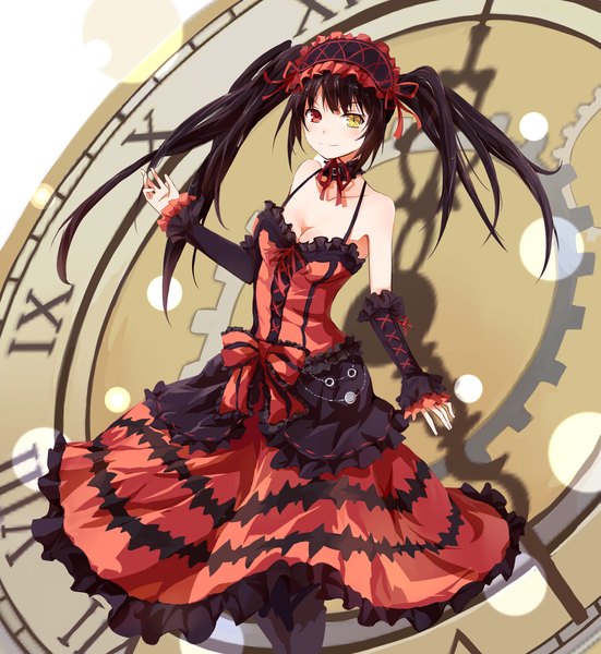 Anime picture 1476x1607 with date a live tokisaki kurumi typezero single long hair tall image looking at viewer black hair twintails bare shoulders heterochromia girl dress detached sleeves frills headdress