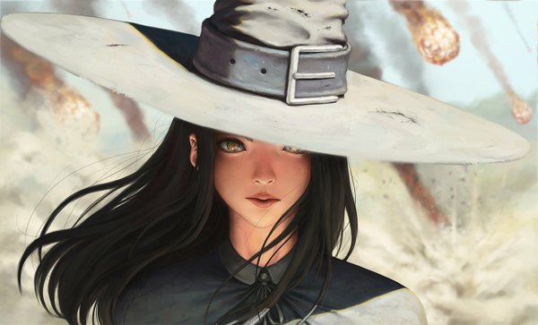 Anime picture 1300x788 with original syar single long hair looking at viewer black hair wide image brown eyes outdoors wind lips sunlight blurry symbol-shaped pupils portrait witch freckles explosion hat over eyes girl