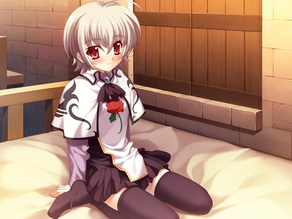 Anime picture 1600x1200 with boku no te no naka no rakuen (game) thea bohlscheid kurosaki (artist) blush short hair red eyes game cg silver hair girl thighhighs black thighhighs serafuku