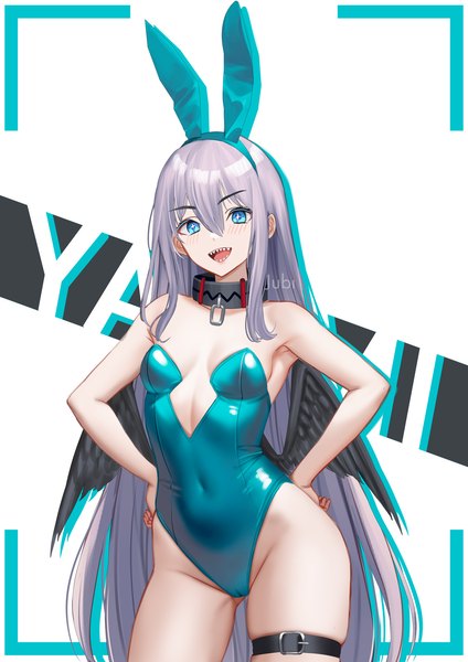 Anime picture 1190x1684 with original yami (jubi) jubi (regiana) single tall image looking at viewer fringe breasts open mouth blue eyes light erotic smile hair between eyes white background signed animal ears grey hair bunny ears character names covered navel