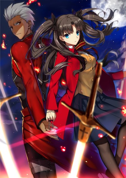 Anime picture 900x1273 with fate (series) fate/stay night type-moon toosaka rin archer (fate) s a~ long hair tall image looking at viewer short hair blue eyes brown hair twintails silver hair night night sky back to back girl boy skirt