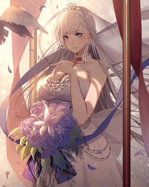 Anime picture 2000x2500 with azur lane belfast (azur lane) belfast (claddagh ring's vow) (azur lane) kisui single long hair tall image blush fringe highres breasts light erotic large breasts standing bare shoulders holding looking away cleavage white hair braid (braids)