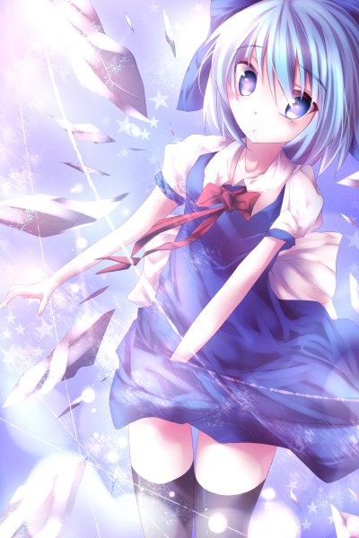 Anime picture 1600x2400 with touhou cirno pino (straight) single tall image blush short hair blue eyes blue hair loli girl thighhighs dress bow black thighhighs hair bow wings ice