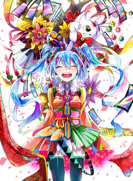 Anime picture 985x1340 with vocaloid hatsune miku hoshino kisora single long hair tall image blush fringe breasts open mouth smile twintails blue hair tail traditional clothes japanese clothes pleated skirt multicolored hair wide sleeves alternate costume