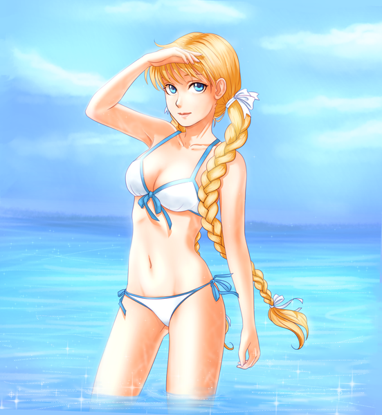 イラスト 3447x3741 と everlasting summer iichan eroge slavya (everlasting summer) orika nekoi ソロ 長髪 長身像 カメラ目線 前髪 highres おっぱい 青い目 absurdres 三つ編み bare belly twin braids light 女の子 へそ 水着