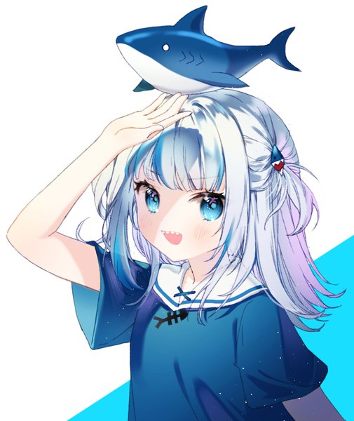 Anime picture 800x950 with virtual youtuber hololive hololive english gawr gura rarumi single long hair tall image looking at viewer open mouth blue eyes silver hair upper body :d multicolored hair arm up teeth two side up streaked hair shaded face
