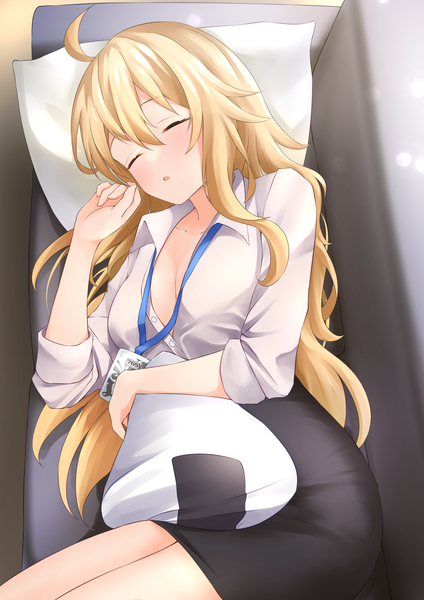 Anime picture 2480x3508 with idolmaster idolmaster (classic) idolmaster million live! hoshii miki b1ack illust single long hair tall image blush fringe highres breasts open mouth light erotic blonde hair hair between eyes cleavage ahoge indoors lying