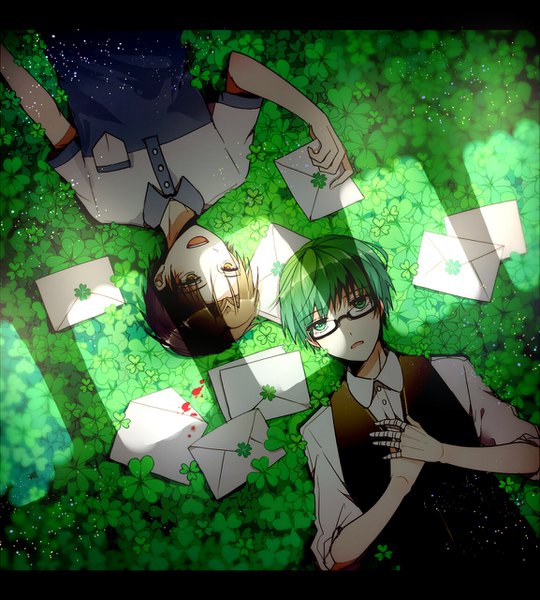 Anime picture 1153x1280 with kuroko no basket production i.g midorima shintarou takao kazunari kurasaki ken tall image short hair black hair green eyes yellow eyes lying green hair multiple boys letterboxed shaded face alternate age younger boy glasses 2 boys