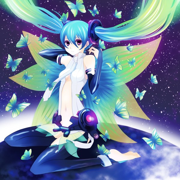 Anime picture 1748x1748 with vocaloid vocaloid append hatsune miku hatsune miku (append) highres purple eyes twintails barefoot green hair space girl thighhighs insect butterfly star (stars)