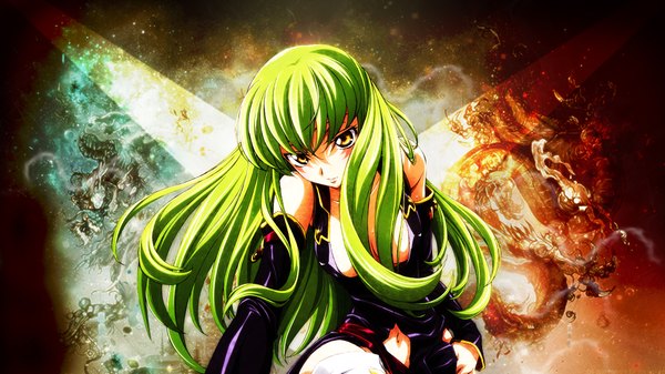Anime picture 1920x1080 with code geass sunrise (studio) c.c. kimura takahiro single long hair looking at viewer fringe highres breasts light erotic wide image bare shoulders yellow eyes green hair girl navel detached sleeves