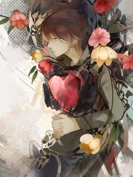 Anime picture 1200x1600 with original matsunaka hiro single tall image short hair brown hair grey eyes boy flower (flowers) heart
