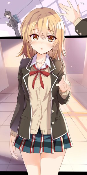 Anime picture 1000x2000 with yahari ore no seishun love comedy wa machigatteiru. brains base (studio) isshiki iroha hikigaya hachiman arudehido tall image blush short hair open mouth brown hair brown eyes pleated skirt plaid skirt plaid waving girl boy skirt uniform ribbon (ribbons)