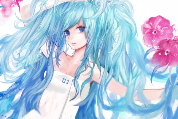 Anime picture 1024x687 with vocaloid hatsune miku tcb (pixiv) single long hair looking at viewer fringe open mouth blue eyes white background twintails bare shoulders aqua hair girl flower (flowers)