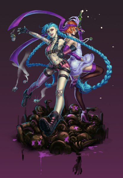 Anime picture 736x1063 with league of legends jinx (league of legends) mismist tall image short hair open mouth light erotic smile purple eyes bare shoulders blue hair braid (braids) very long hair profile orange hair tattoo twin braids back to back girl thighhighs
