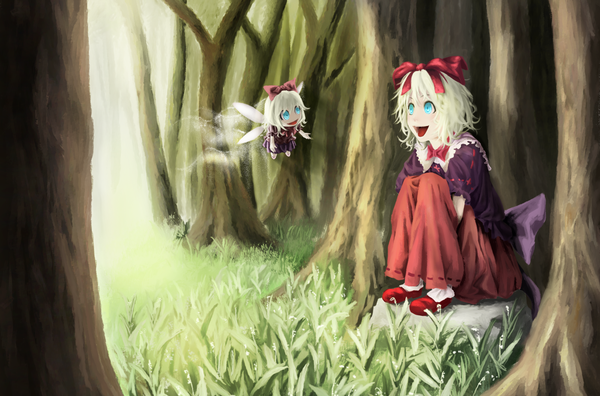 Anime picture 1400x924 with touhou medicine melancholy su-san akaikitsune short hair open mouth blonde hair sitting aqua eyes fairy girl dress bow plant (plants) hair bow wings tree (trees) grass