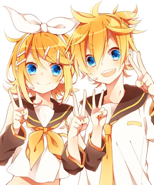 Anime picture 667x800 with vocaloid kagamine rin kagamine len asagao minoru tall image looking at viewer blush short hair open mouth blue eyes blonde hair simple background smile white background nail polish victory twins brother and sister yellow nail polish girl