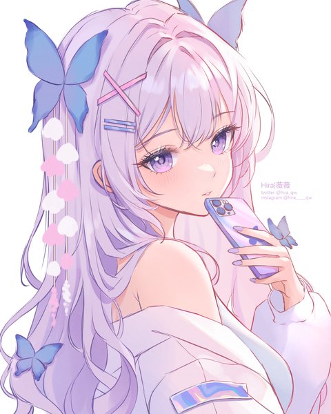 Anime picture 3600x4500 with original hira qw single long hair tall image fringe highres simple background hair between eyes white background purple eyes signed absurdres silver hair upper body nail polish blue nail polish girl hair ornament bobby pin